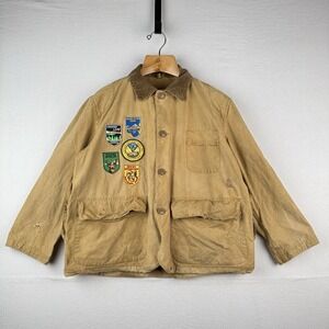 40s 50's Vtg Hetterick Mfg Co Hunting Jacket Chore Coat Patches 46" USA *Read